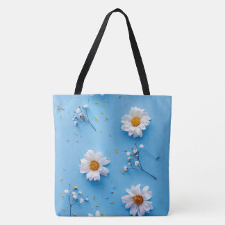 Bolsa Tote Padrão de margarida floral - Azul claro