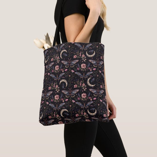 Bolsa Tote Padrão de Mariposas, Flores e Luas Lindas (Close Up)