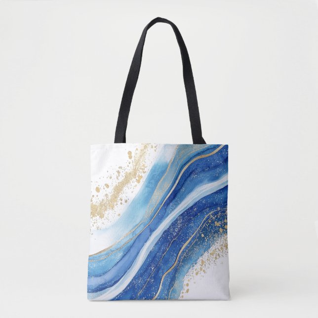 Bolsa Tote Padrão de mármore abstrato azul e Dourado (Frente)