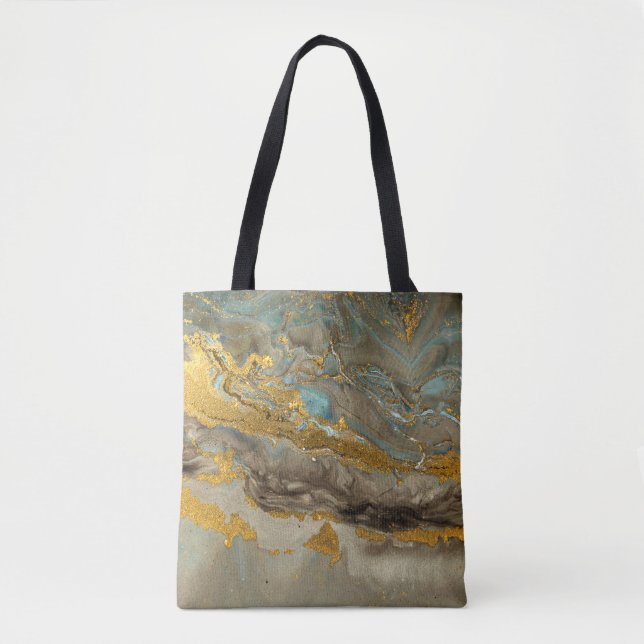 Bolsa Tote Padrão de mármore azul e ouro (Frente)