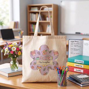 Bolsa Tote Padrão de Material Escolar do Professor Roxo 