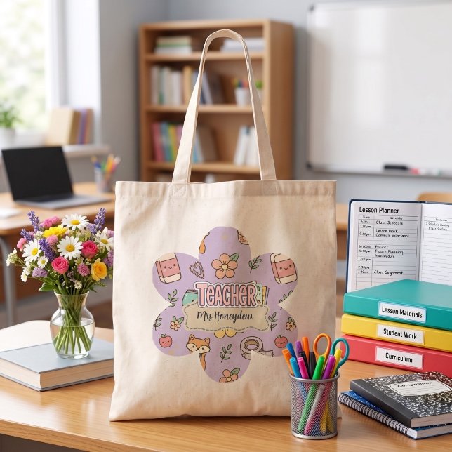 Bolsa Tote Padrão de Material Escolar do Professor Roxo  (Criador carregado)