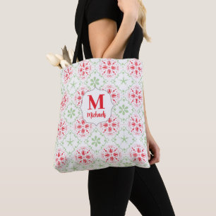 Bolsa Tote Padrão de Monograma de Natal Vermelho Verde