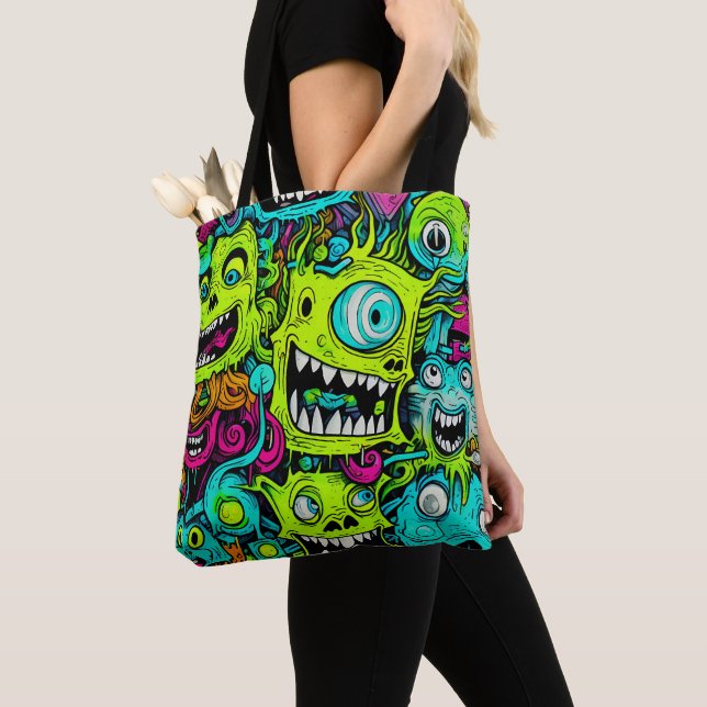 Bolsa Tote Padrão de Monstro Verde Spooky (Close Up)