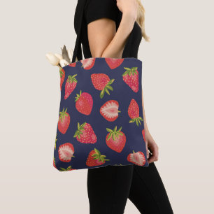 Bolsa Tote Padrão de Morango em Azul