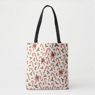 Bolsa Tote Padrão de Natal de Cana-de-Açúcar e Azevinho em Aq