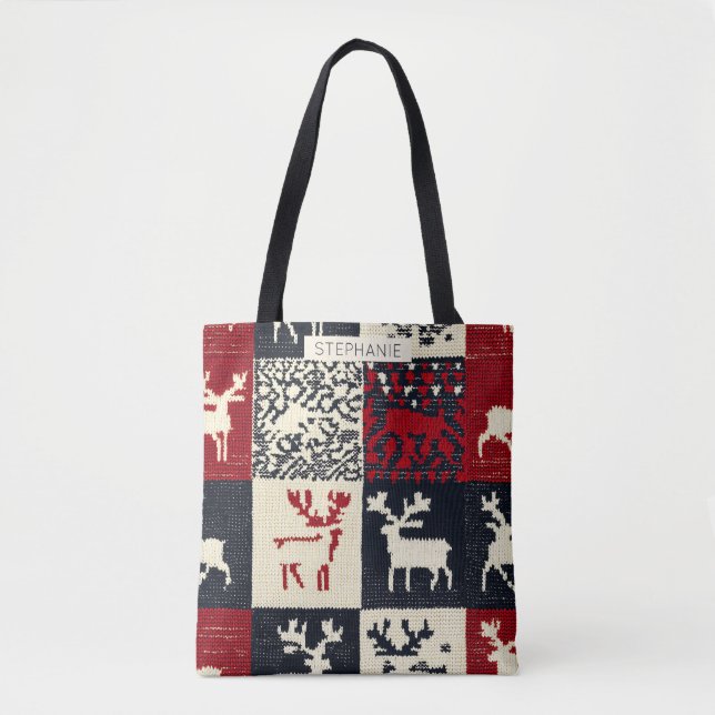 Bolsa Tote Padrão de Natal de Patchwork do Knit | Russo (Frente)