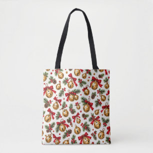 Bolsa Tote Padrão de Natal em aquarela com sinos e pinheiro