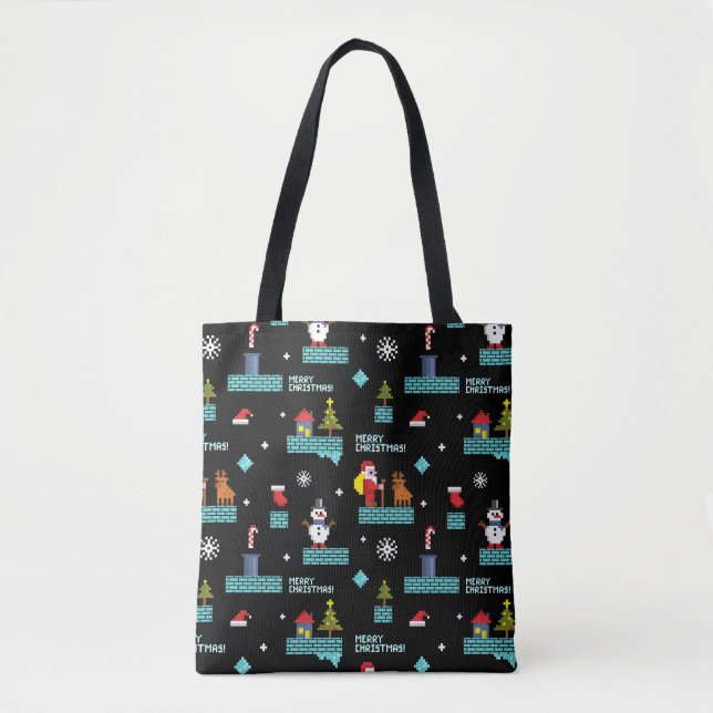 Bolsa Tote Padrão de Natal Merry Pixelado - Design retroativo (Frente)