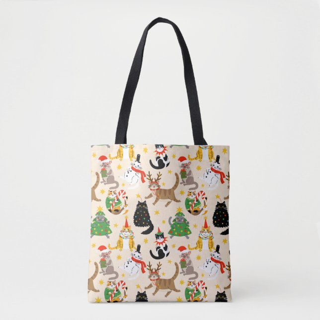 Bolsa Tote Padrão de Natal para Gatos Festivos (Frente)