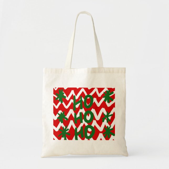Bolsa Tote Padrão de Natal Red White Chevron Ho Ho Ho Ho (Frente)