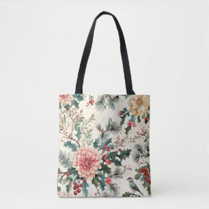 Bolsa Tote Padrão de Natal Rustic Bird and Poinsettia (11)