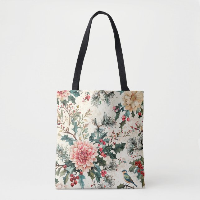 Bolsa Tote Padrão de Natal Rustic Bird and Poinsettia (11) (Frente)