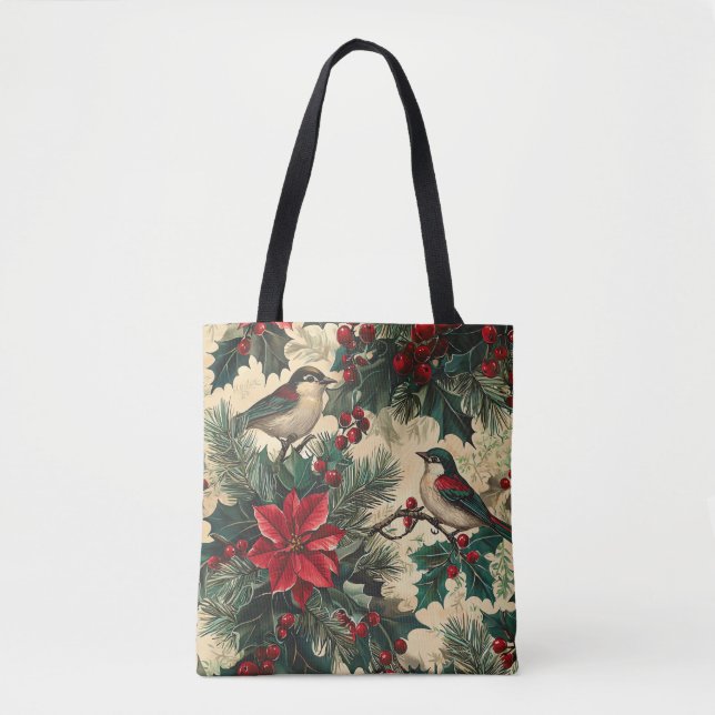 Bolsa Tote Padrão de Natal Rustic Bird and Poinsettia (13) (Frente)