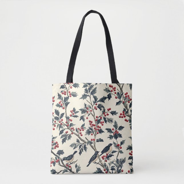 Bolsa Tote Padrão de Natal Rustic Bird and Poinsettia (18) (Frente)