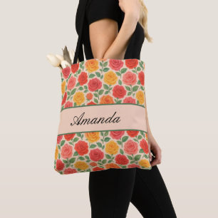 Bolsa Tote Padrão de nome de Rosa de multicor brilhante