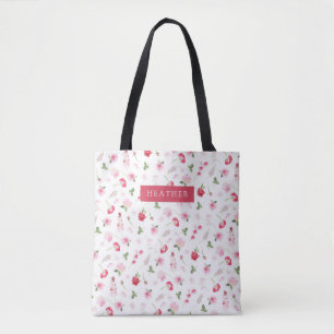 Bolsa Tote Padrão de Nome Vintage Feminino em Aquarela Rosa V