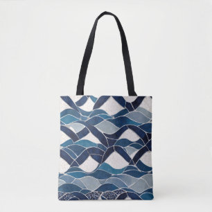 Bolsa Tote Padrão de Onda Azul Branco 01