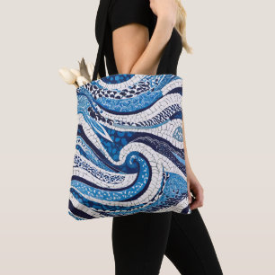 Bolsa Tote Padrão de onda branca azul 05