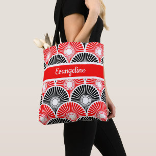 Bolsa Tote Padrão de onda de semicírculo vermelho e preto