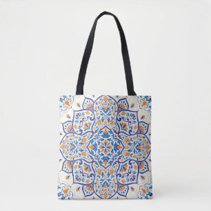 Bolsa Tote Padrão de Ornamento Azul Laranja de Luxo