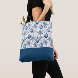 Bolsa Tote Padrão de Ornamentos de Natal em Azul Bloco de Cor