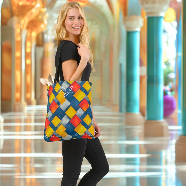 Bolsa Tote Padrão de Ouros Geométricos Vermelho, Amarelo e Az (Criador carregado)