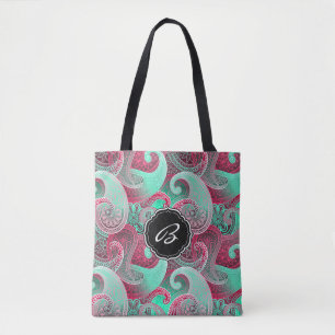 Bolsa Tote Padrão de Paisley Rosa e Aqua com Monograma