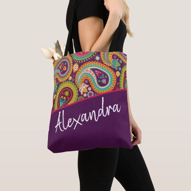 Bolsa Tote Padrão de Paisley Roxo Personalizado (Close Up)