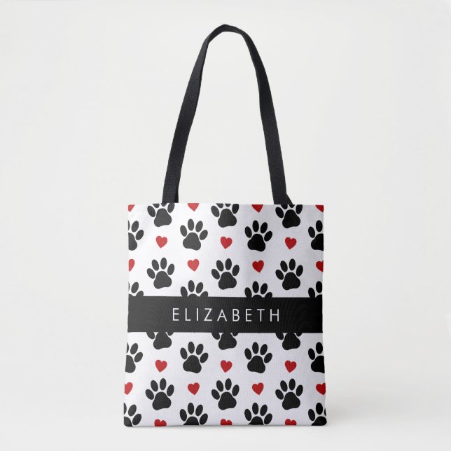 Bolsa Tote Padrão De Patas, Patas Negras, Corações Vermelhos, (Frente)