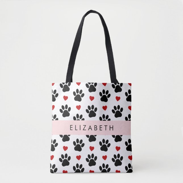 Bolsa Tote Padrão De Patas, Patas Negras, Corações Vermelhos, (Frente)