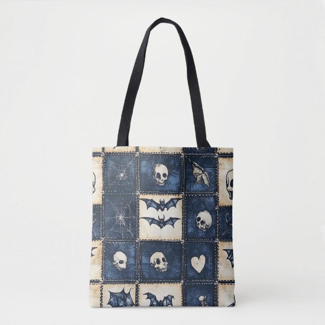 Bolsa Tote Padrão de Patchwork do Halloween Denim (Frente)