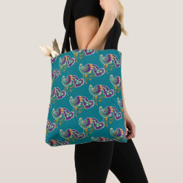 Bolsa Tote Padrão de Pavão Dourado Roxo