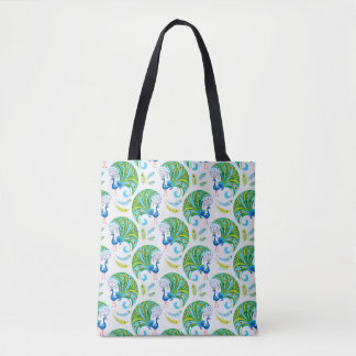 Bolsa Tote Padrão de Pavão e Penas