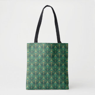 Bolsa Tote Padrão de Penas de Pavão em Verde Esmeralda e Dour