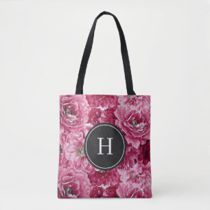 Bolsa Tote Padrão de Peônias Botânicas Rosa Monograma de Dama
