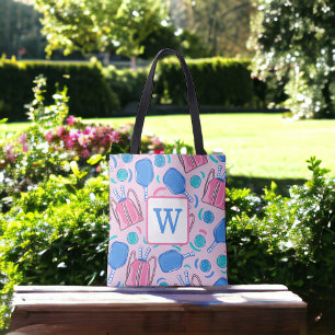 Bolsa Tote Padrão de Pickleball Elegante Monograma Rosa