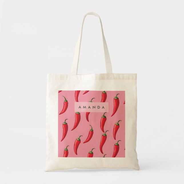 Bolsa Tote Padrão de Pimenta Vermelha Picante em Fundo Rosa (Frente)