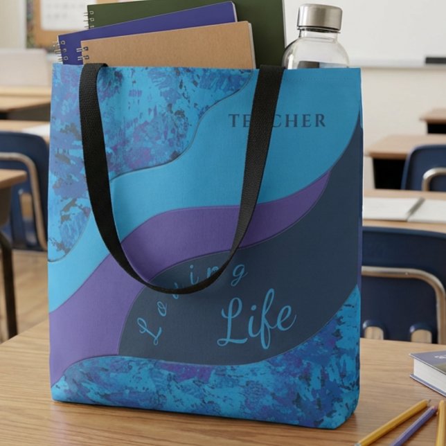 Bolsa Tote Padrão de Pincelada de Professores Roxo e Turquesa (Teal blue and purple brush stroke design with occupation at the top so customize it for anyone)