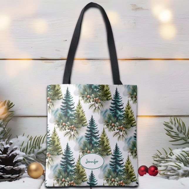 Bolsa Tote Padrão de pinheiro aquarela Elegante Inverno (Criador carregado)