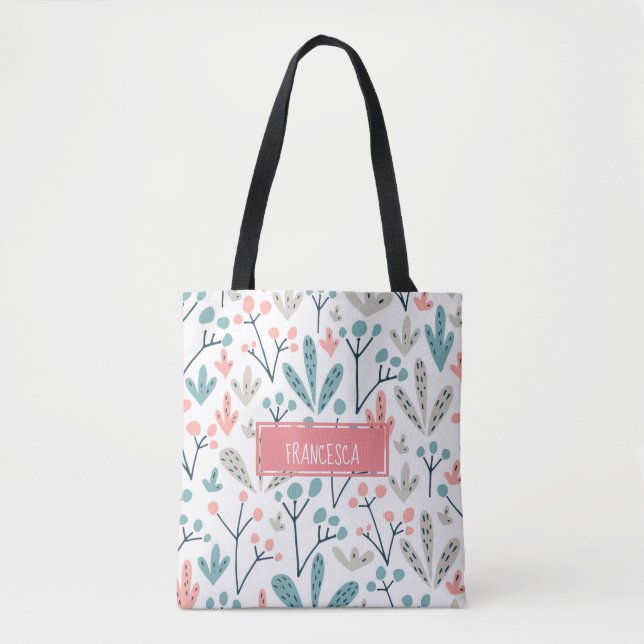 Bolsa Tote Padrão de Plantas Escandinavas Azuis, Cor-de-rosa, (Frente)