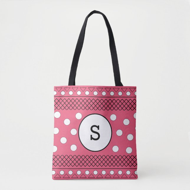 Bolsa Tote Padrão de Pontos Monograma Rosa (Frente)