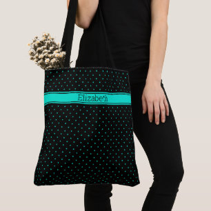 Bolsa Tote Padrão de Pontos Teal em Nome Personalizado Preto