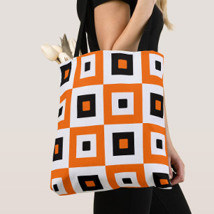 Bolsa Tote Padrão de Quadrados Xadrez Laranja Preto e Branco