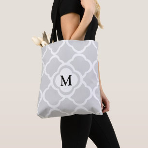 Bolsa Tote Padrão De Quatrefoil Floral Da cinza Com Monograma