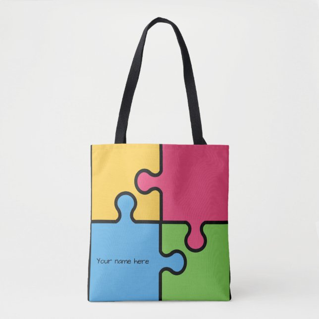 Bolsa Tote Padrão de quebra-cabeça com nome editável (Frente)
