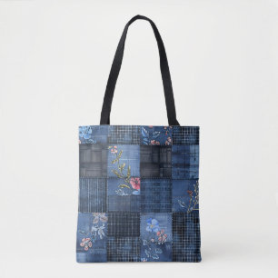 Bolsa Tote Padrão de Remendo Floral Índigo Boho Denim