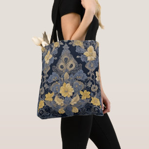 Bolsa Tote Padrão de renda floral Chic amarelo e azul