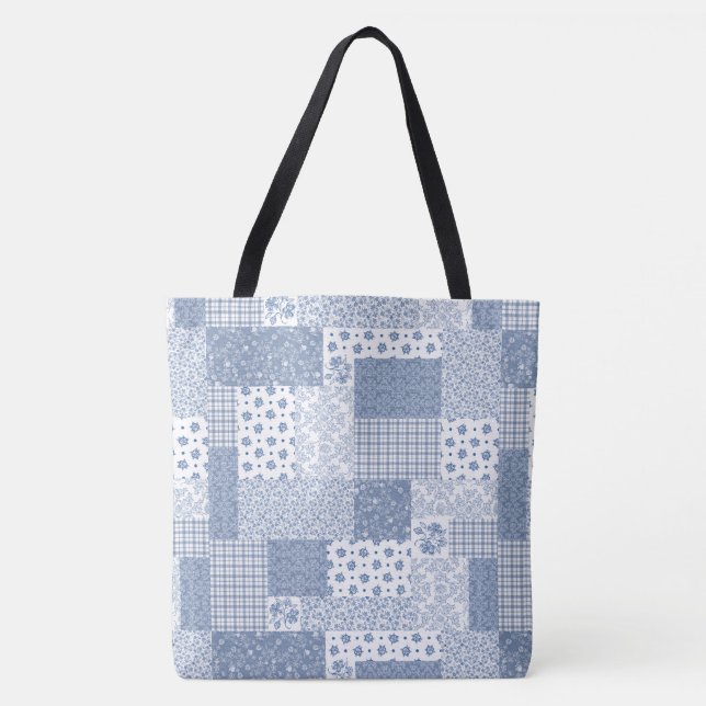 Bolsa Tote Padrão de retalhamento branco azul do Indigo Azul (Frente)