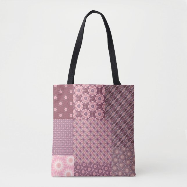 Bolsa Tote Padrão de retalhamento rosa e borgonha (Frente)